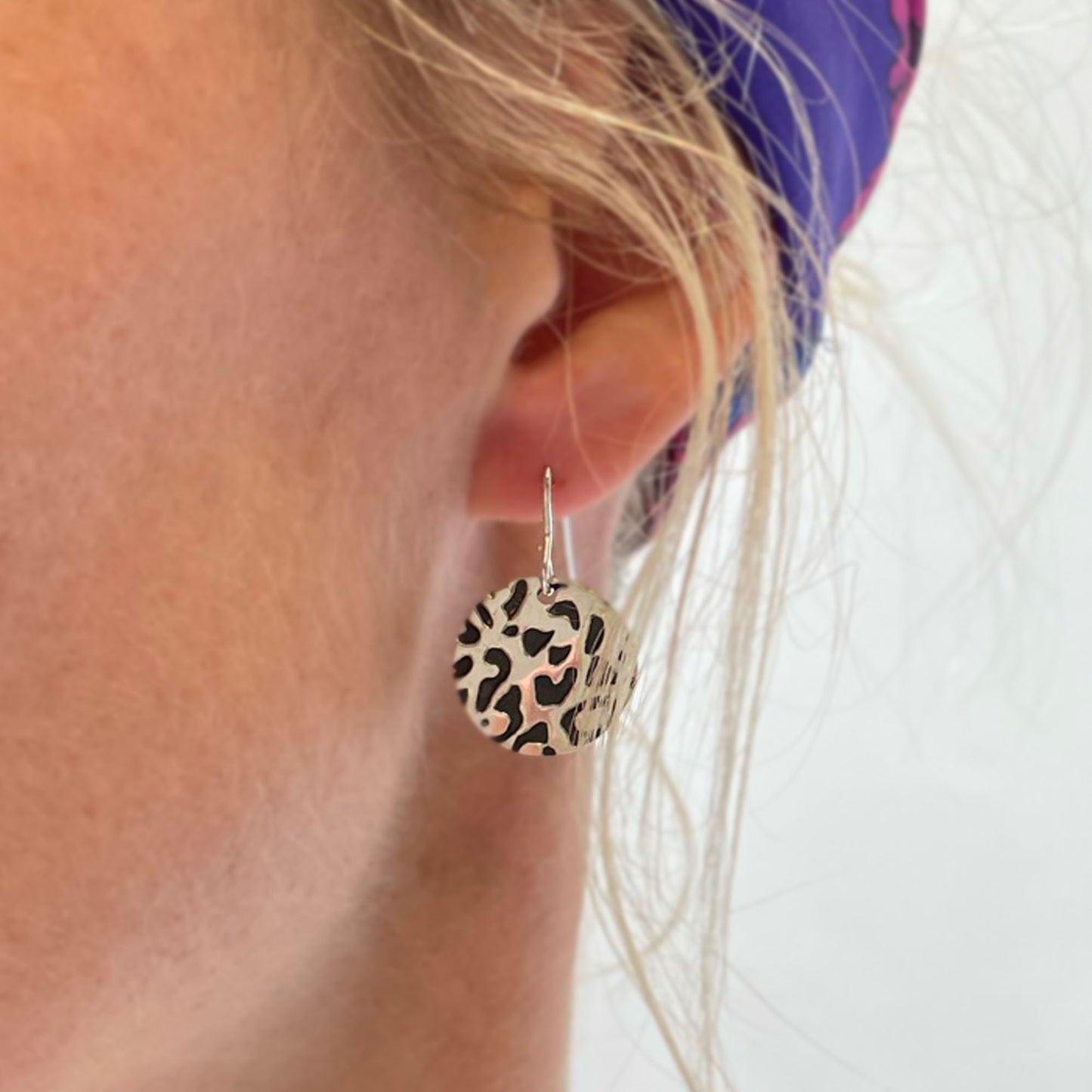 16mm Leopard print, animal print, circle, disc, sterling silver, earrings, statement jewellery
