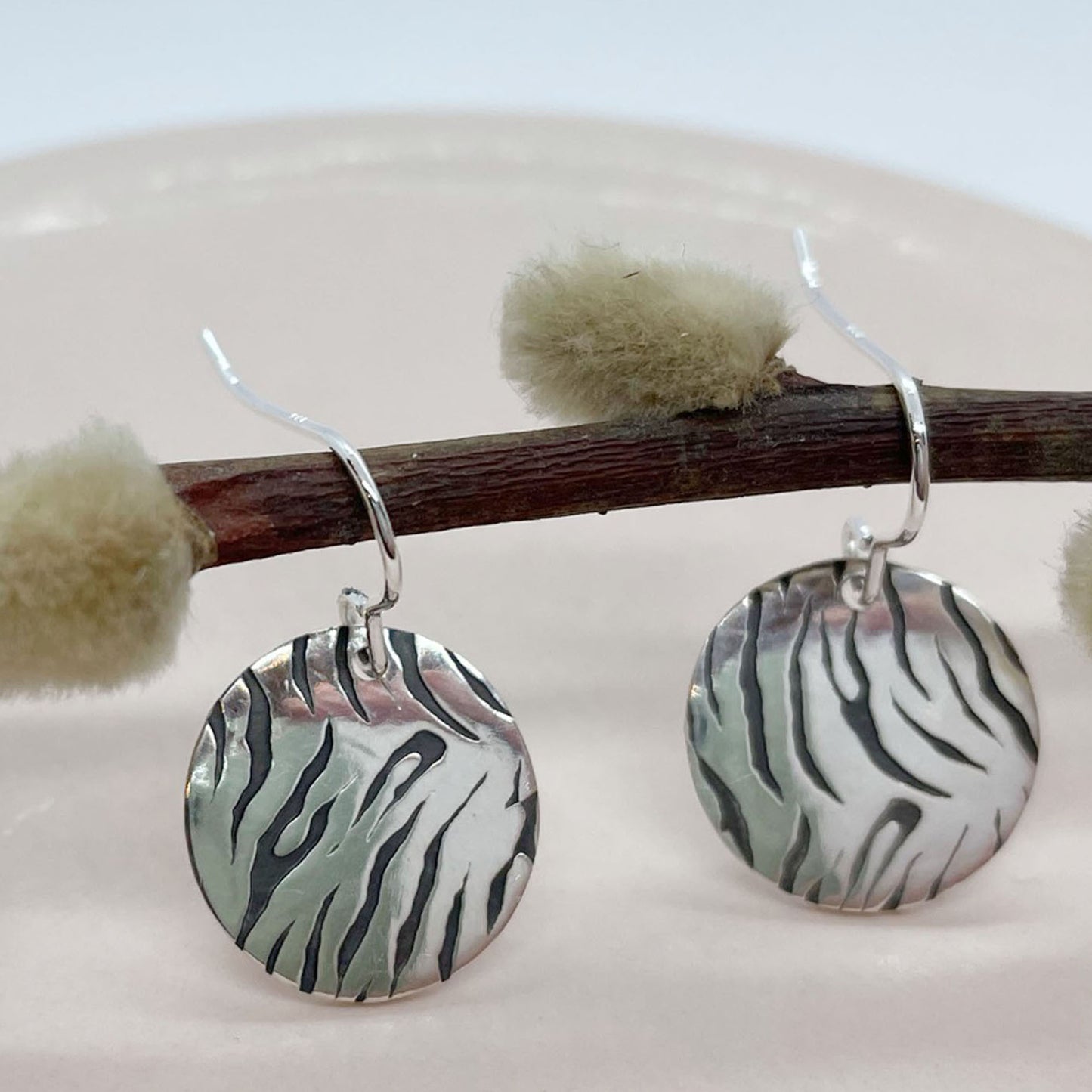 16mm Tiger print, animal print, circle, disc, sterling silver, earrings, statement jewellery