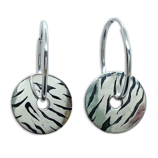 Tiger print, washer, earring, hoops, sterling silver