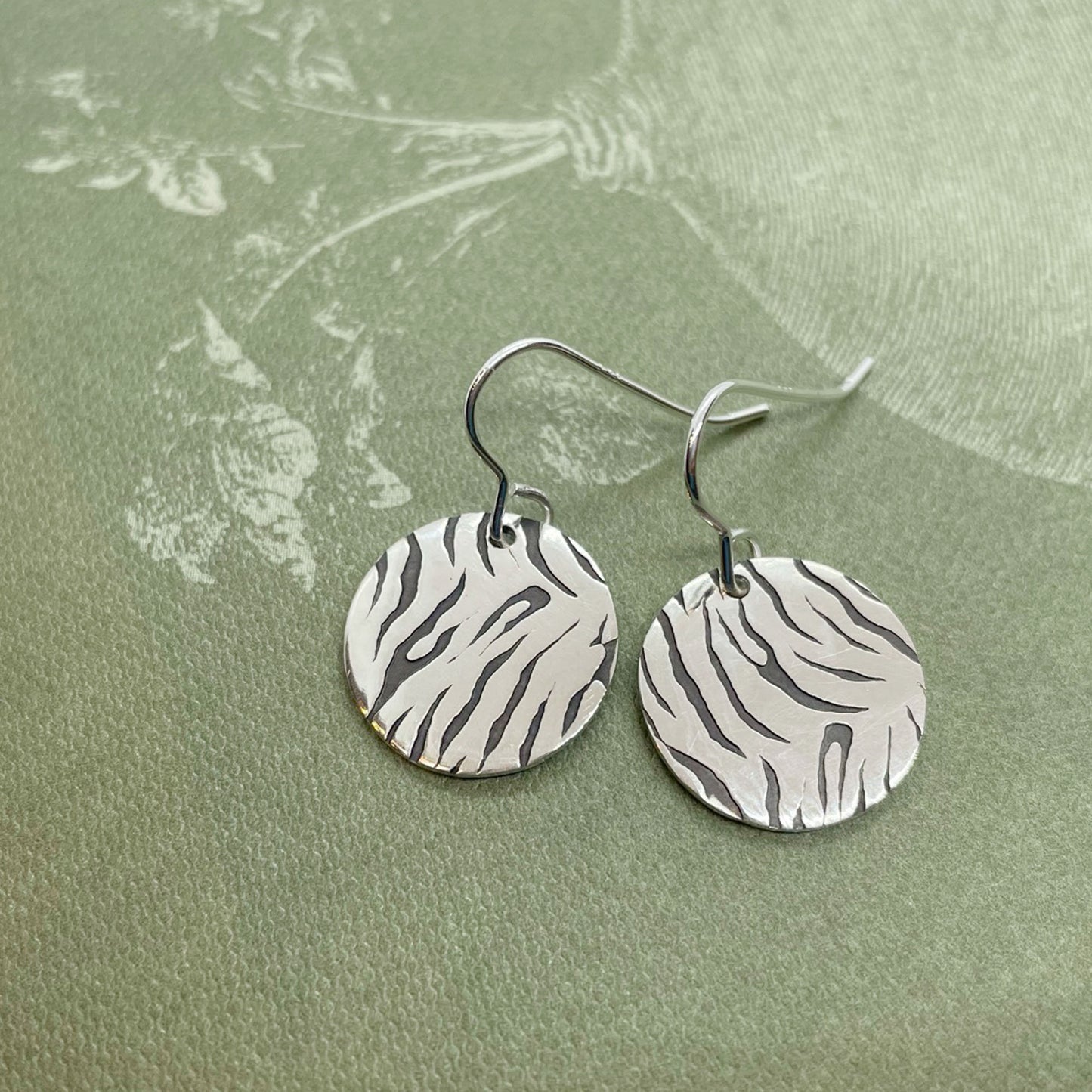 16mm Tiger print, animal print, circle, disc, sterling silver, earrings, statement jewellery