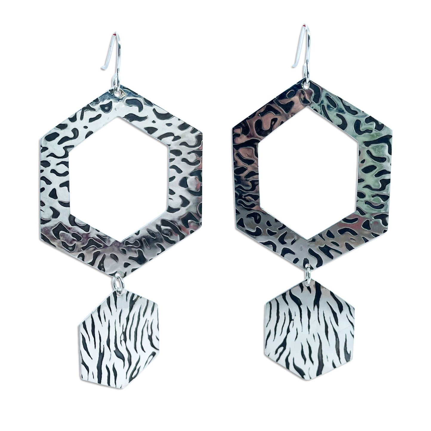89mm Leopard and tiger print, hexagon, silver, earrings, statement jewellery
